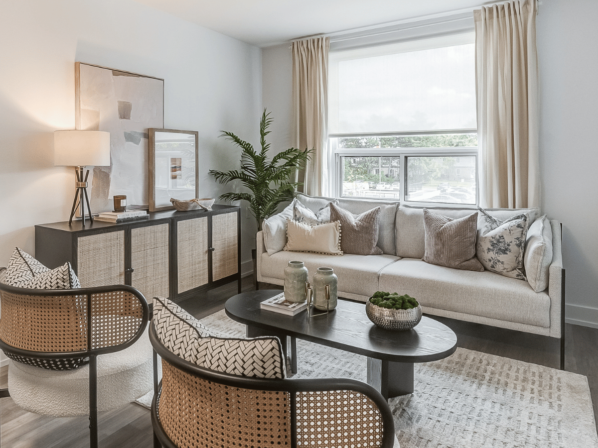 Staged living room at The Towns at York Mills & Leslie.